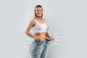 Woman wearing jeans that are too big, showing off her slim body from liposuction